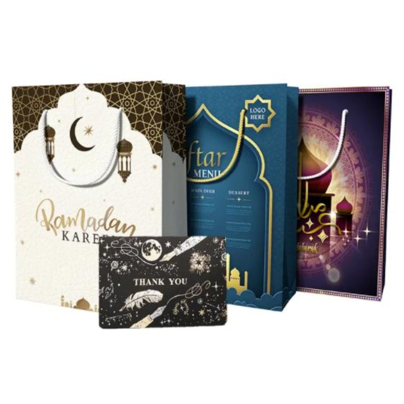 Design personalizzato riutilizzabile Eid Mubarak Ramanda Musline Islamic Festival Shopping Packaging Borse da regalo di carta con manici