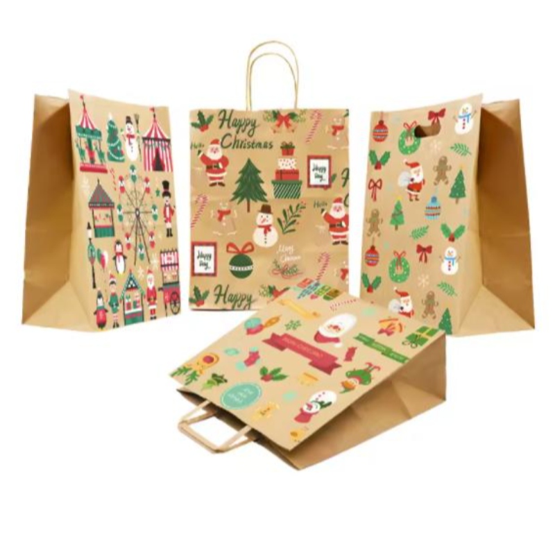 Sacchetti di carta di Natale marroni con manici contorti sacchetti regalo festivi personalizzati con borse di carta all\'ingrosso di badge